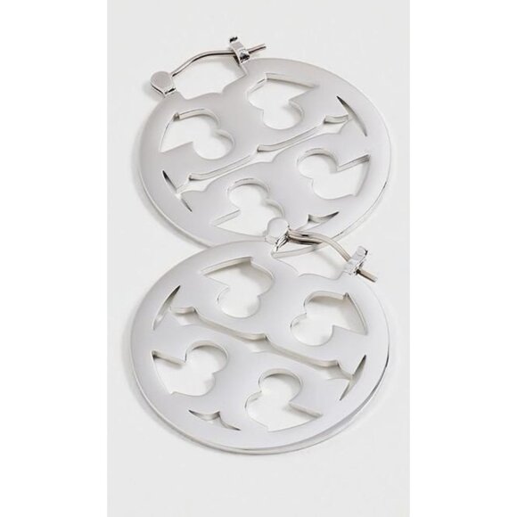 Tory Burch Silver Logo Cutout Miller Hoop Earrings - Picture 1 of 3